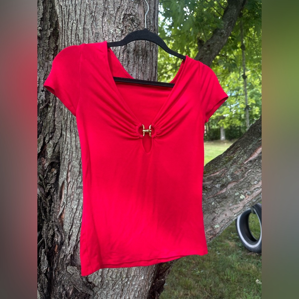 Moda International Red Blouse with Gold Detail